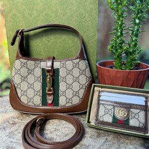 Gucci Mini Jackie 1961 Neutral Shoulder Bag with Ophidia Card Case